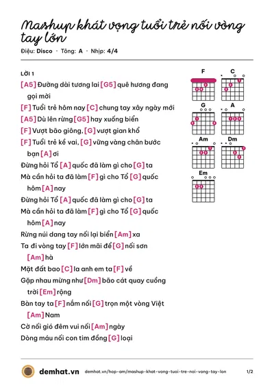 Hợp âm Mashup khát vọng tuổi trẻ nối vòng tay lớn – bản nhạc PDF trang 1, tông A