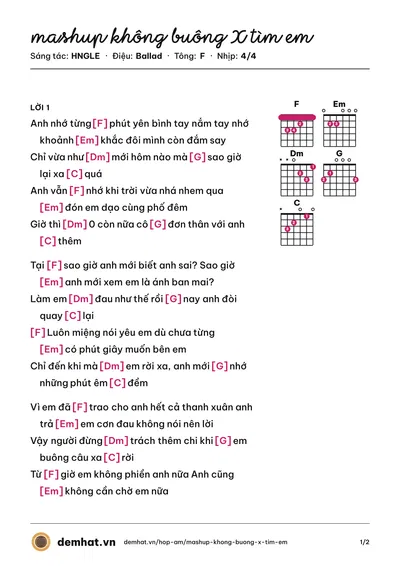 Hợp âm mashup không buông X tìm em (HNGLE) – bản nhạc PDF trang 1, tông F