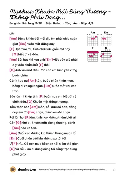 Hợp âm Mashup Khuôn Mặt Đáng Thương - Không Phải Dạng Vừa Đâu (Sơn Tùng M-TP) – bản nhạc PDF trang 1, tông Am