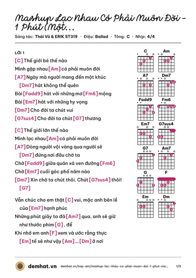 Hợp âm Mashup Lạc Nhau Có Phải Muôn Đời - 1 Phút (Một Phút) - Lạ Lùng (Thái Vũ) – bản nhạc PDF trang 1, tông C