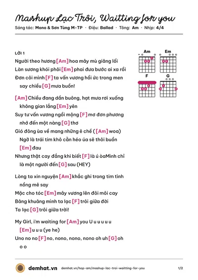 Hợp âm Mashup Lạc Trôi, Waitting for you (Mono) – bản nhạc PDF trang 1, tông Am