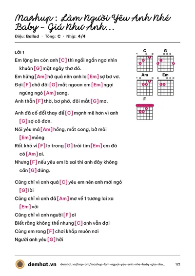 Hợp âm Mashup : Làm Người Yêu Anh Nhé Baby - Giá Như Anh Lặng Em - Đếm Ngày Xa Em – bản nhạc PDF trang 1, tông C