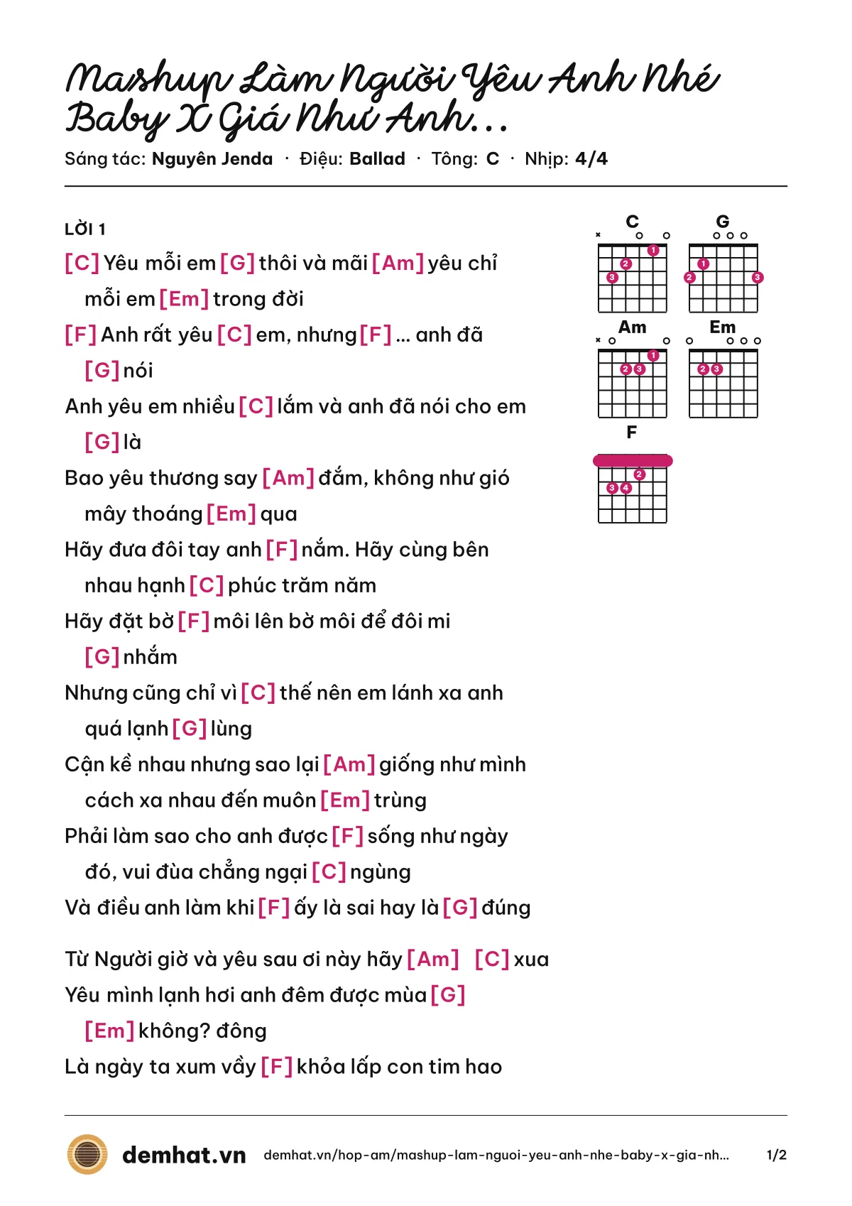 Hợp âm Mashup Làm Người Yêu Anh Nhé Baby X Giá Như Anh Lặng Im (Lou Hoàng) – bản nhạc PDF trang 1, tông C