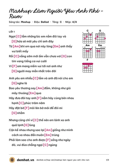 Hợp âm Mashup Làm Người Yêu Anh Nhé - Rum (Rum) – bản nhạc PDF trang 1, tông C