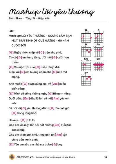 Hợp âm Mashup lời yêu thương – bản nhạc PDF trang 1, tông G