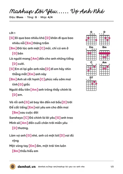 Hợp âm Mashup Lời Yêu...... Vợ Anh Nhé (Chi Dân) – bản nhạc PDF trang 1, tông G