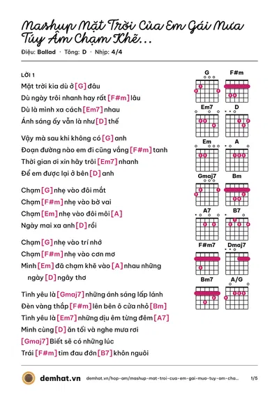 Hợp âm Mashup Mặt Trời Của Em Gái Mưa Túy Âm Chạm Khẽ Tim Anh Một Chút Thôi (Lena Lena) – bản nhạc PDF trang 1, tông D