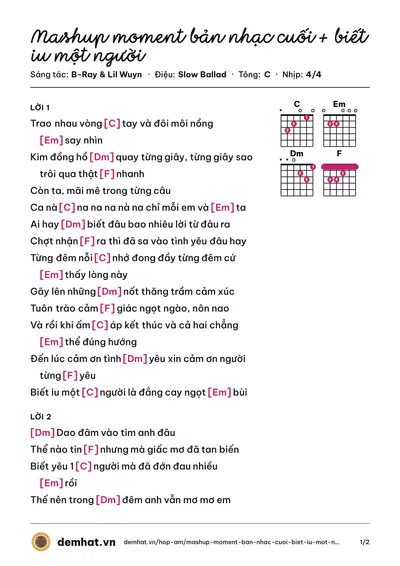 Hợp âm Mashup moment bản nhạc cuối + biết iu một người (B-Ray) – bản nhạc PDF trang 1, tông C