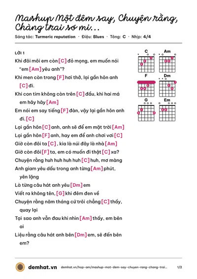 Hợp âm Mashup Một đêm say, Chuyện rằng, Chàng trai sơ mi hồng (Thịnh Suy) – bản nhạc PDF trang 1, tông C