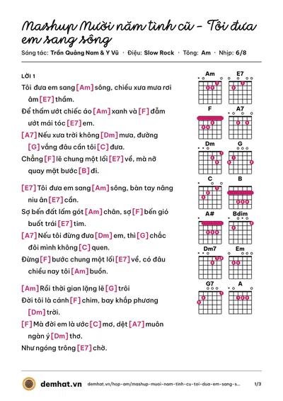 Hợp âm Mashup Mười năm tình cũ - Tôi đưa em sang sông (Đàm Vĩnh Hưng) – bản nhạc PDF trang 1, tông Am