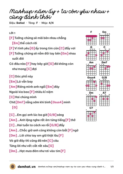 Hợp âm Mashup năm ấy + ta còn yêu nhau + cũng đành thôi (Đức Phúc) – bản nhạc PDF trang 1, tông F