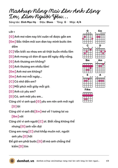 Hợp âm Mashup Nắng Mai Lên Anh Lặng Im, Làm Người Yêu Soái Ca Nhé Baby (Đình Mạc Hạ) – bản nhạc PDF trang 1, tông G