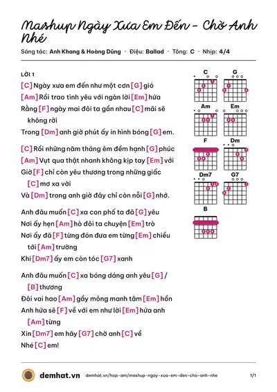 Hợp âm Mashup Ngày Xưa Em Đến - Chờ Anh Nhé (Anh Khang) – bản nhạc PDF trang 1, tông C