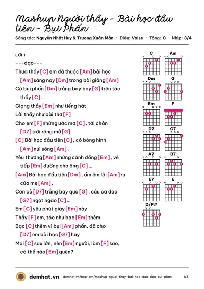 Hợp âm Mashup Người thầy - Bài học đầu tiên - Bụi Phấn (Cẩm Ly) – bản nhạc PDF trang 1, tông C