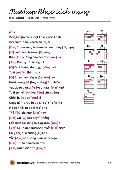 Hợp âm Mashup Nhạc cách mạng – bản nhạc PDF trang 1, tông Am