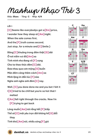 Hợp âm Mashup Nhạc Trẻ 3 – bản nhạc PDF trang 1, tông C