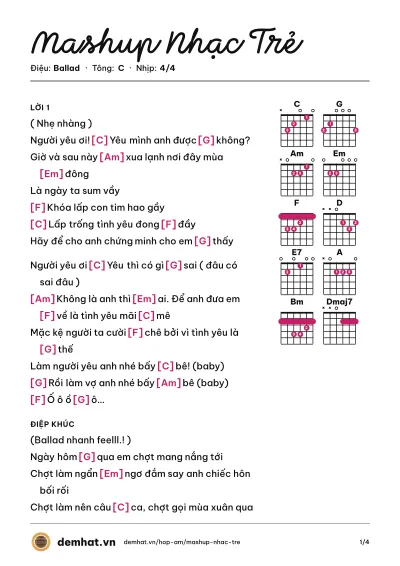 Hợp âm Mashup Nhạc Trẻ (Quân Keyboard) – bản nhạc PDF trang 1, tông C