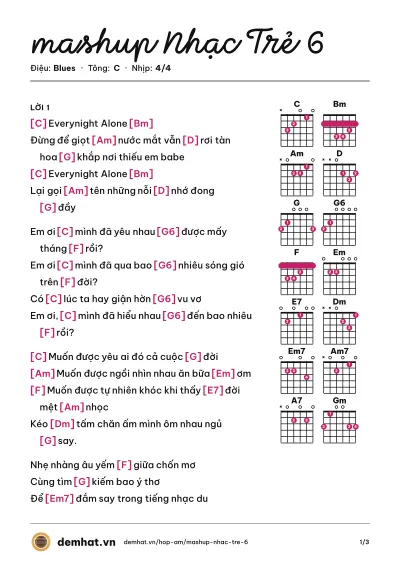 Hợp âm mashup Nhạc Trẻ 6 (Quân Keyboard) – bản nhạc PDF trang 1, tông C