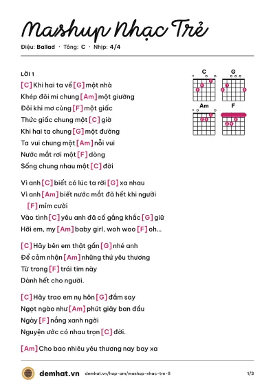 Hợp âm Mashup Nhạc Trẻ – bản nhạc PDF trang 1, tông C