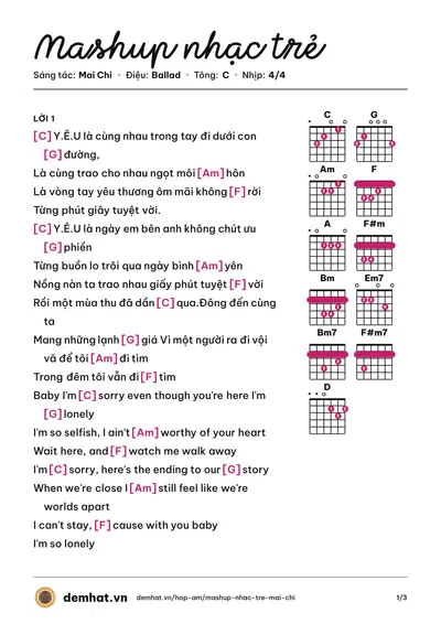 Hợp âm Mashup nhạc trẻ (Mai Chi) – bản nhạc PDF trang 1, tông C