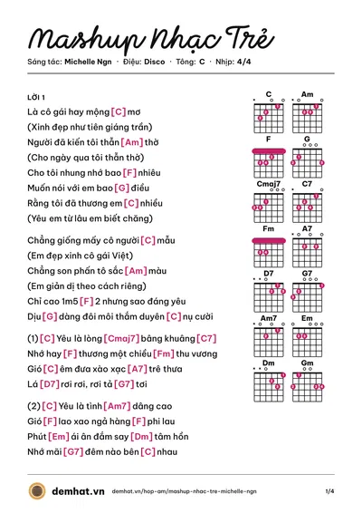 Hợp âm Mashup Nhạc Trẻ (Michelle Ngn) – bản nhạc PDF trang 1, tông C