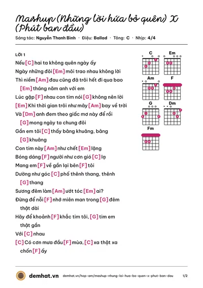 Hợp âm Mashup (Những lời hứa bỏ quên) X (Phút ban đầu) (Thái Vũ) – bản nhạc PDF trang 1, tông C