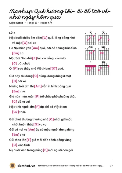 Hợp âm Mashup Quê hương tôi- đi để trở về- như ngày hôm qua – bản nhạc PDF trang 1, tông C