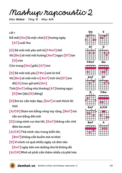 Hợp âm Mashup rapcoustic 2 (Kimmese) – bản nhạc PDF trang 1, tông D