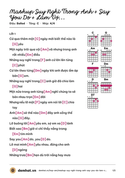 Hợp âm Mashup Suy Nghĩ Trong Anh + Say You Do + Làm Vợ Anh Nhé – bản nhạc PDF trang 1, tông C