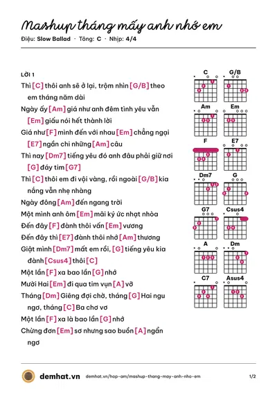 Hợp âm Mashup tháng mấy anh nhớ em (Hà Anh Tuấn) – bản nhạc PDF trang 1, tông C