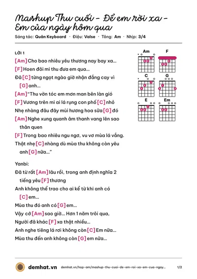 Hợp âm Mashup Thu cuối - Để em rời xa - Em của ngày hôm qua (Quân Keyboard) – bản nhạc PDF trang 1, tông Am