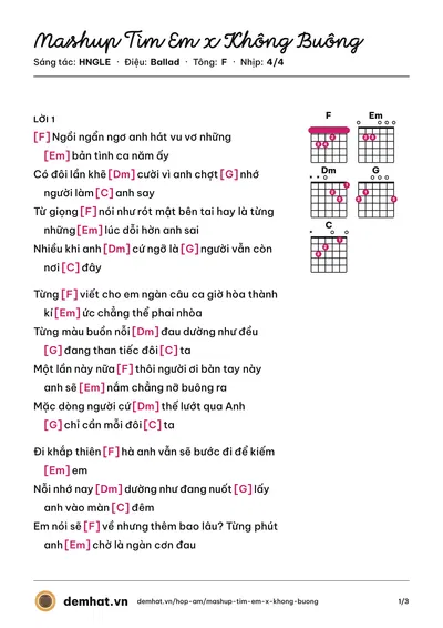 Hợp âm Mashup Tìm Em x Không Buông (HNGLE) – bản nhạc PDF trang 1, tông F