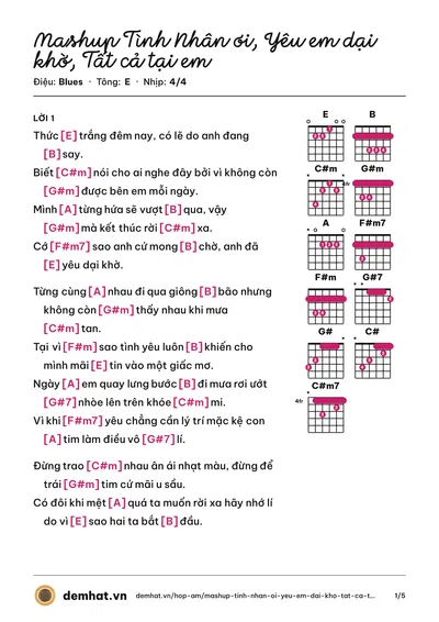 Hợp âm Mashup Tình Nhân ơi, Yêu em dại khờ, Tất cả tại em (Fanny) – bản nhạc PDF trang 1, tông E