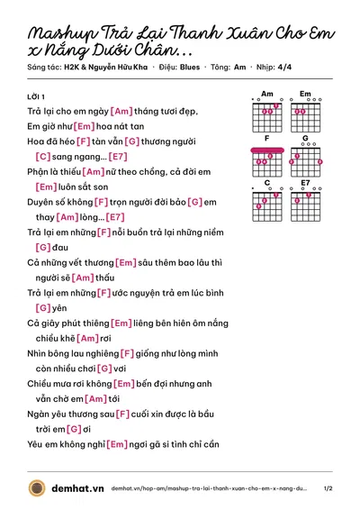 Hợp âm Mashup Trả Lại Thanh Xuân Cho Em x Nắng Dưới Chân Mây x Hoa Cỏ Lau (H2K) – bản nhạc PDF trang 1, tông Am