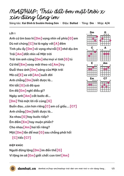 Hợp âm MASHUP: Trái đất ôm mặt trời x xin đừng lặng im (Hoàng Thùy Linh) – bản nhạc PDF trang 1, tông Dm