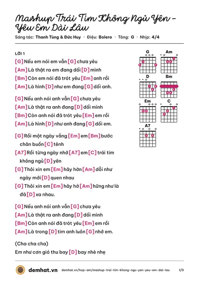 Hợp âm Mashup Trái Tim Không Ngủ Yên - Yêu Em Dài Lâu (Hà Nhi) – bản nhạc PDF trang 1, tông G