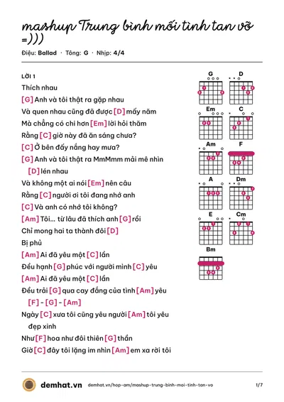 Hợp âm mashup Trung bình mối tình tan vỡ =))) – bản nhạc PDF trang 1, tông G