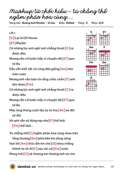 Hợp âm Mashup từ chối hiểu - ta chẳng thể ngắm pháo hoa cùng nhau (Quang Anh Rhyder - O.lew) – bản nhạc PDF trang 1, tông C