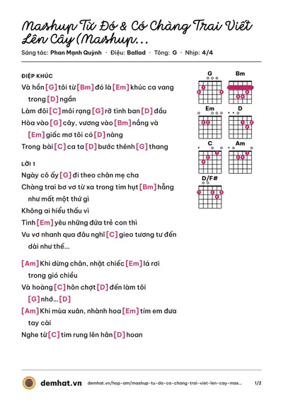 Hợp âm Mashup Từ Đó & Có Chàng Trai Viết Lên Cây (Mashup Mắt Biếc OST) (Huy Vạc) – bản nhạc PDF trang 1, tông G