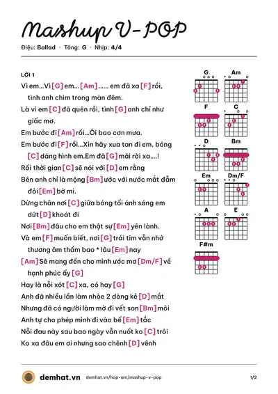Hợp âm Mashup V-POP (Tổng Hợp) – bản nhạc PDF trang 1, tông G