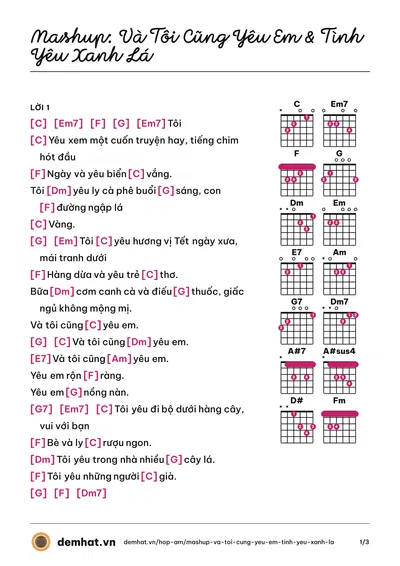 Hợp âm Mashup: Và Tôi Cũng Yêu Em & Tình Yêu Xanh Lá (Đức Huy) – bản nhạc PDF trang 1