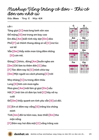 Hợp âm Mashup Vầng trăng cô đơn - Khi cô đơn em nhớ ai (Đan Trường) – bản nhạc PDF trang 1, tông C