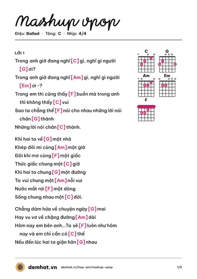 Hợp âm Mashup vpop – bản nhạc PDF trang 1, tông C
