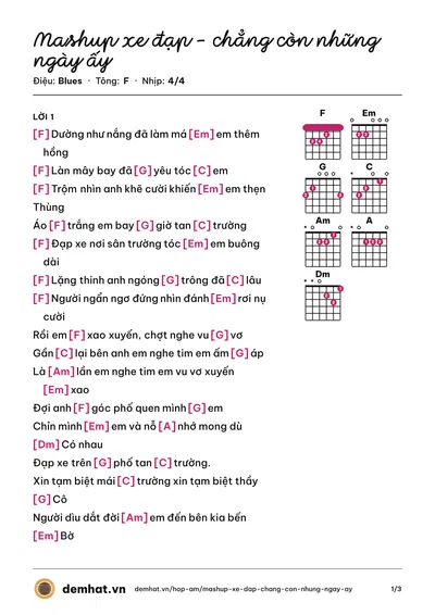 Hợp âm Mashup xe đạp - chẳng còn những ngày ấy – bản nhạc PDF trang 1, tông F