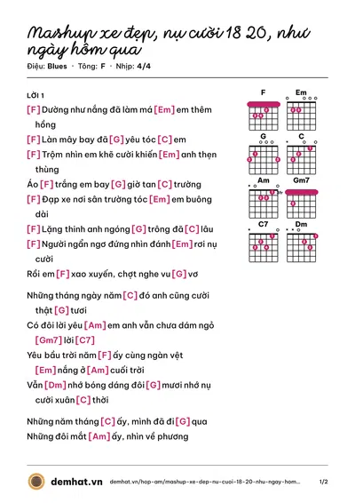 Hợp âm Mashup xe đẹp, nụ cười 18 20, như ngày hôm qua – bản nhạc PDF trang 1, tông F