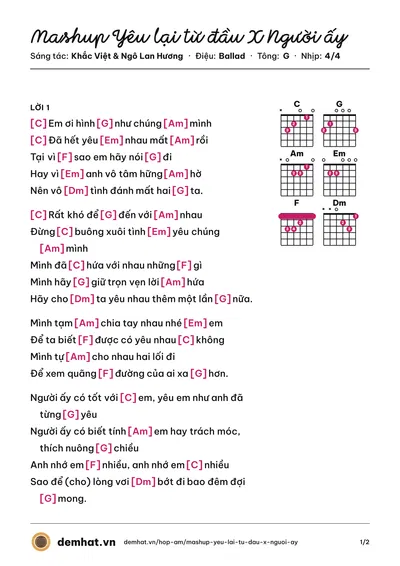 Hợp âm Mashup Yêu lại từ đầu X Người ấy (Khắc Việt) – bản nhạc PDF trang 1, tông G