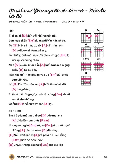 Hợp âm Mashup Yêu người có ước cơ - Nói đi là đi (Bùi Trường Linh) – bản nhạc PDF trang 1, tông D