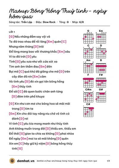 Hợp âm Masup Bông Hồng Thuỷ tinh - ngày hôm qua (Bức Tường) – bản nhạc PDF trang 1, tông G