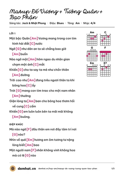 Hợp âm Masup Đế Vương + Tướng Quân + Bạc Phận (Jack) – bản nhạc PDF trang 1, tông Am