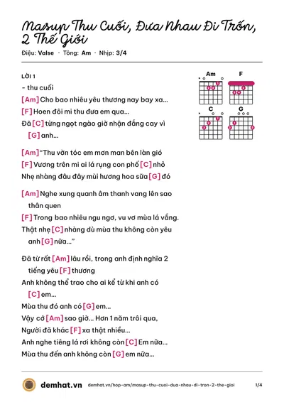 Hợp âm Masup Thu Cuối, Đưa Nhau Đi Trốn, 2 Thế Giới – bản nhạc PDF trang 1, tông Am